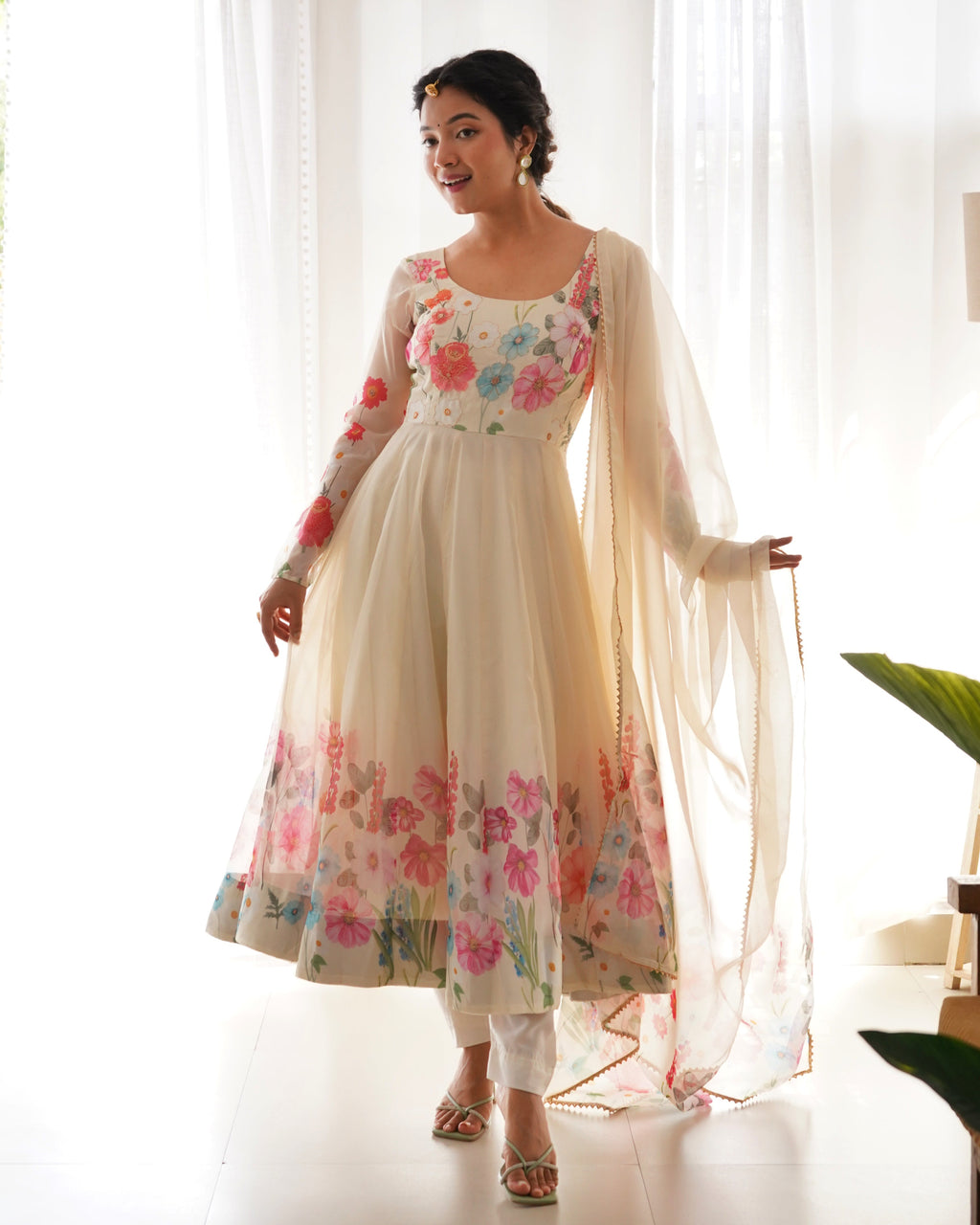 Teeya Creation Cream Color Digital Print Soft organza Anarkali With Pants And Dupatta | Grocsy