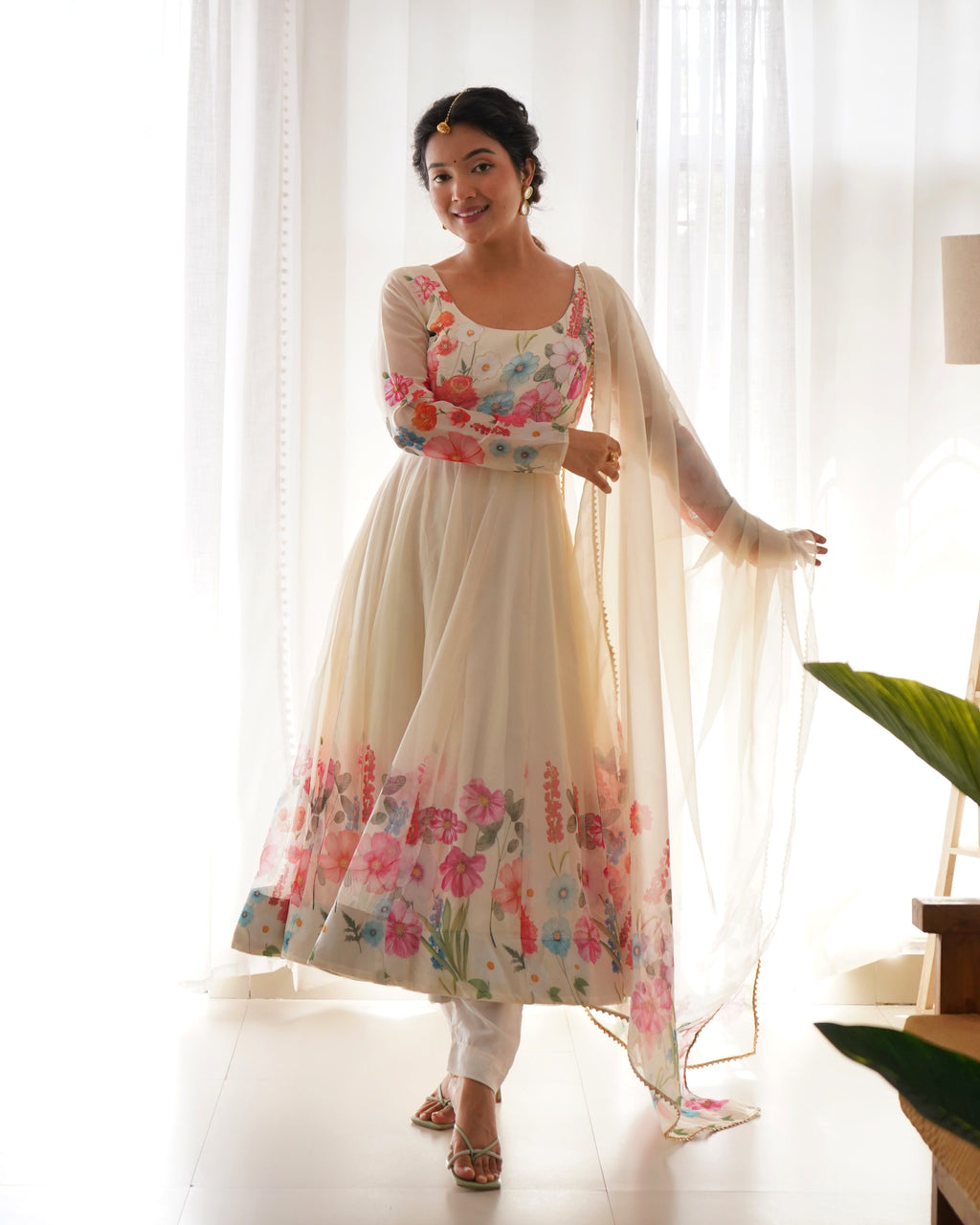 Teeya Creation Cream Color Digital Print Soft organza Anarkali With Pants And Dupatta | Grocsy