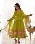 Teeya Creation Parrot Green Color Digital Print Soft organza Anarkali With Pants And Dupatta | Grocsy