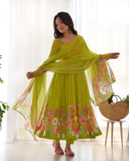 Teeya Creation Parrot Green Color Digital Print Soft organza Anarkali With Pants And Dupatta | Grocsy