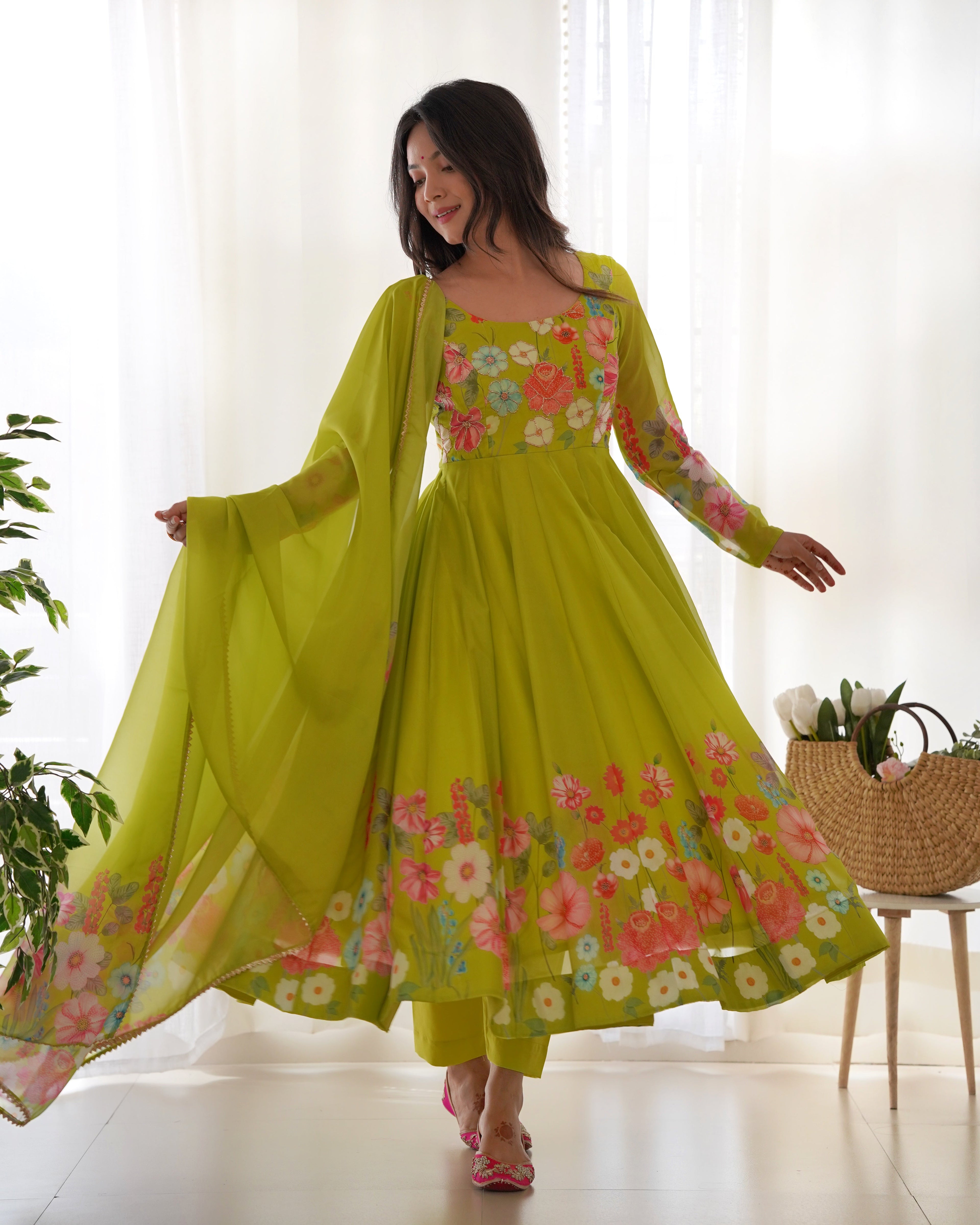 Teeya Creation Parrot Green Color Digital Print Soft organza Anarkali With Pants And Dupatta | Grocsy