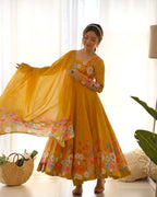 Teeya Creation Yellow Color Digital Print Soft organza Anarkali With Pants And Dupatta | Grocsy