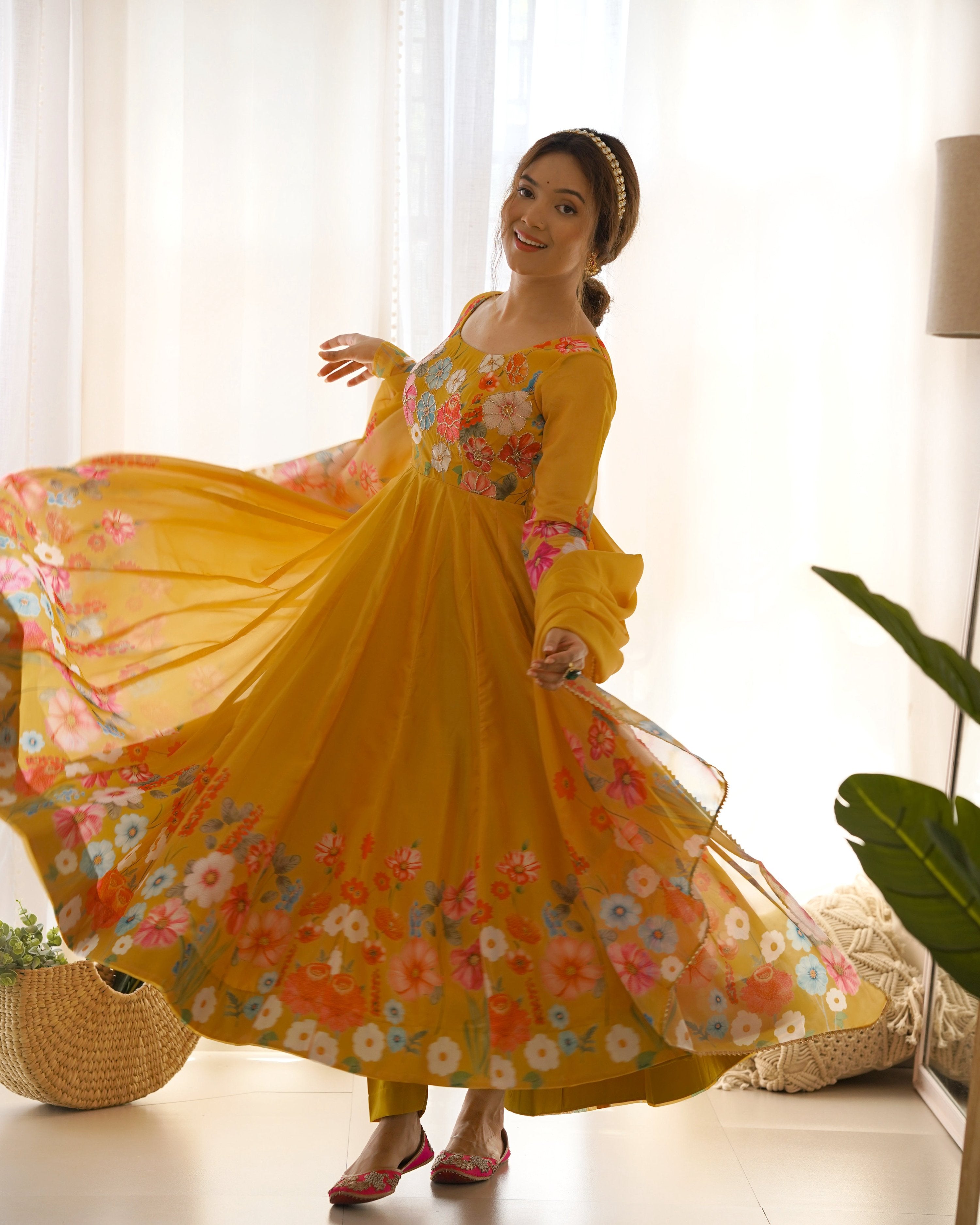 Teeya Creation Yellow Color Digital Print Soft organza Anarkali With Pants And Dupatta | Grocsy