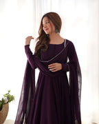 Teeya Creation Wine Color Faux Georgette Anarkali Gown With Pants And Dupatta | Grocsy