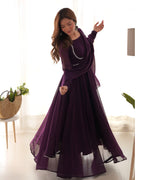 Teeya Creation Wine Color Faux Georgette Anarkali Gown With Pants And Dupatta | Grocsy