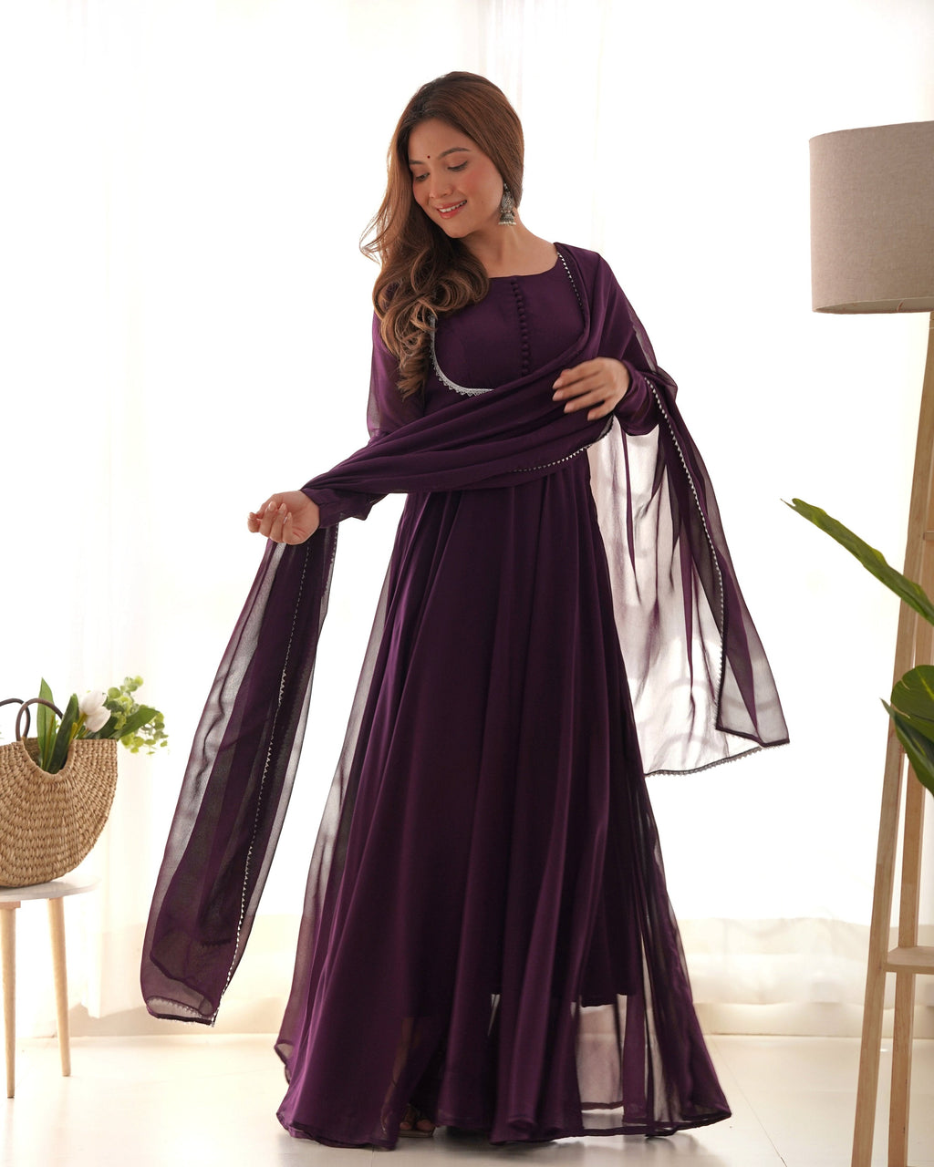 Teeya Creation Wine Color Faux Georgette Anarkali Gown With Pants And Dupatta | Grocsy