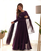 Teeya Creation Wine Color Faux Georgette Anarkali Gown With Pants And Dupatta | Grocsy
