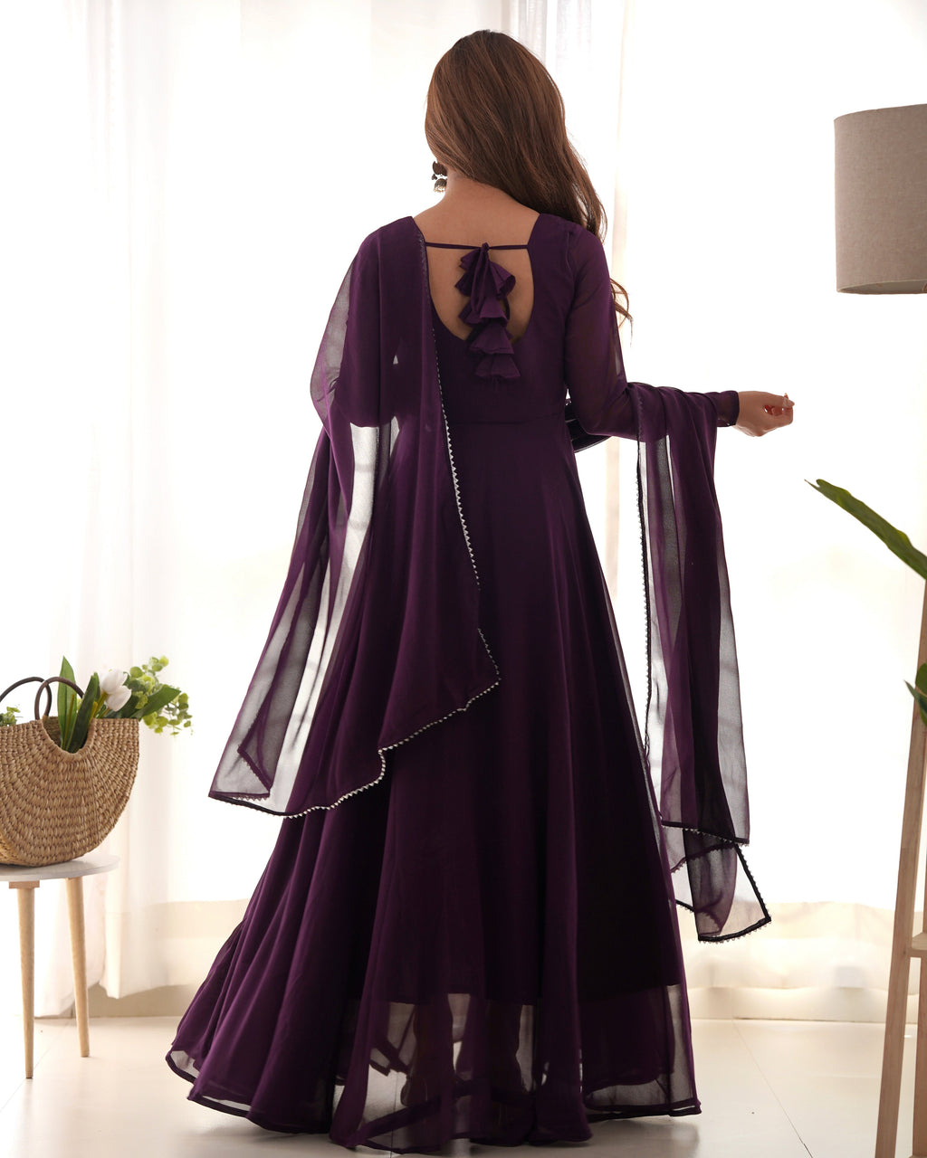 Teeya Creation Wine Color Faux Georgette Anarkali Gown With Pants And Dupatta | Grocsy