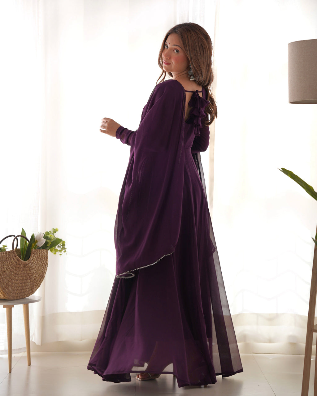 Teeya Creation Wine Color Faux Georgette Anarkali Gown With Pants And Dupatta | Grocsy