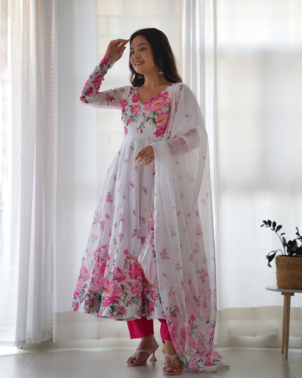 Teeya Creation White Color Digital Print Soft organza Anarkali With Pants And Dupatta | Grocsy
