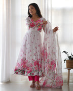 Teeya Creation White Color Digital Print Soft organza Anarkali With Pants And Dupatta | Grocsy