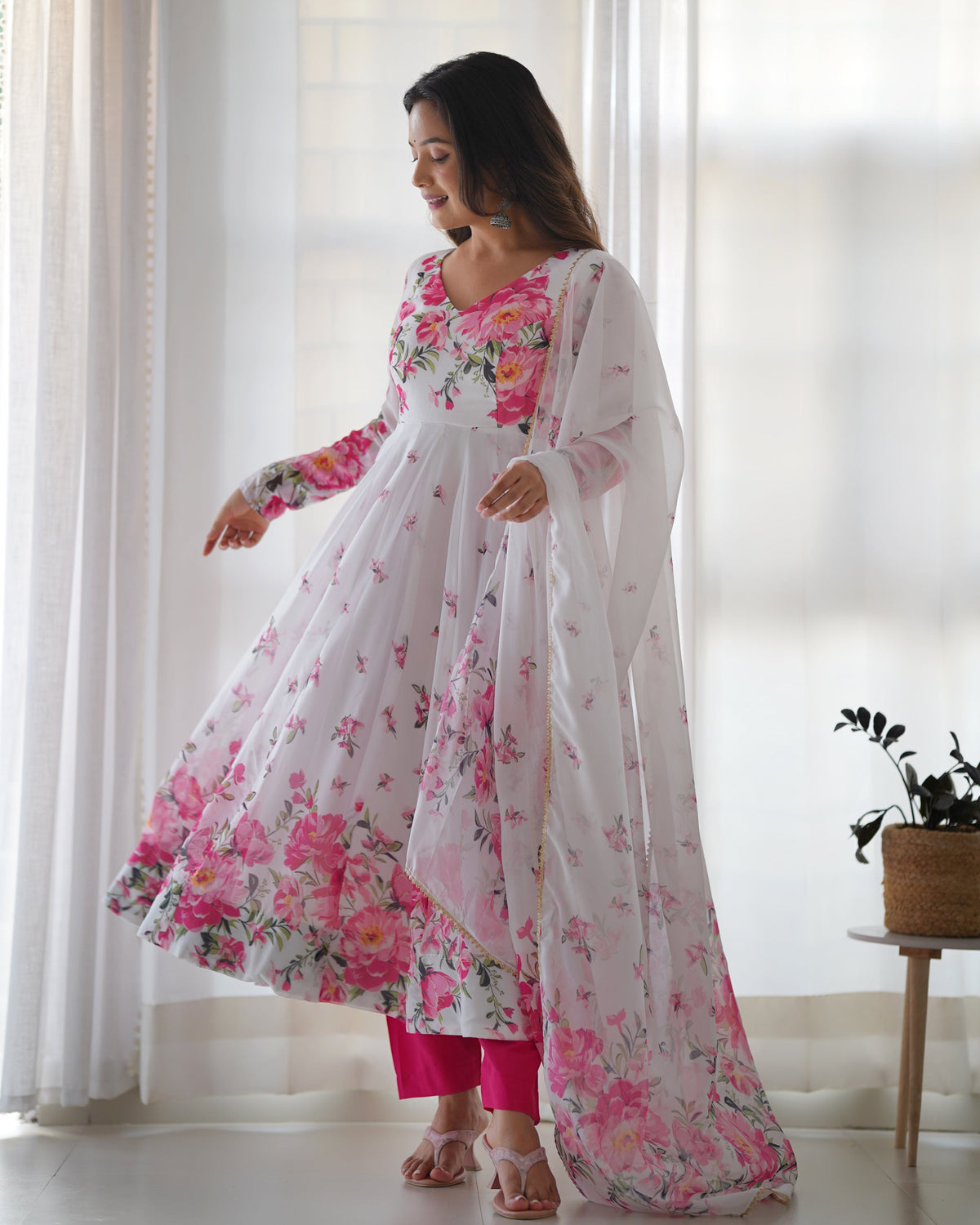 Teeya Creation White Color Digital Print Soft organza Anarkali With Pants And Dupatta | Grocsy