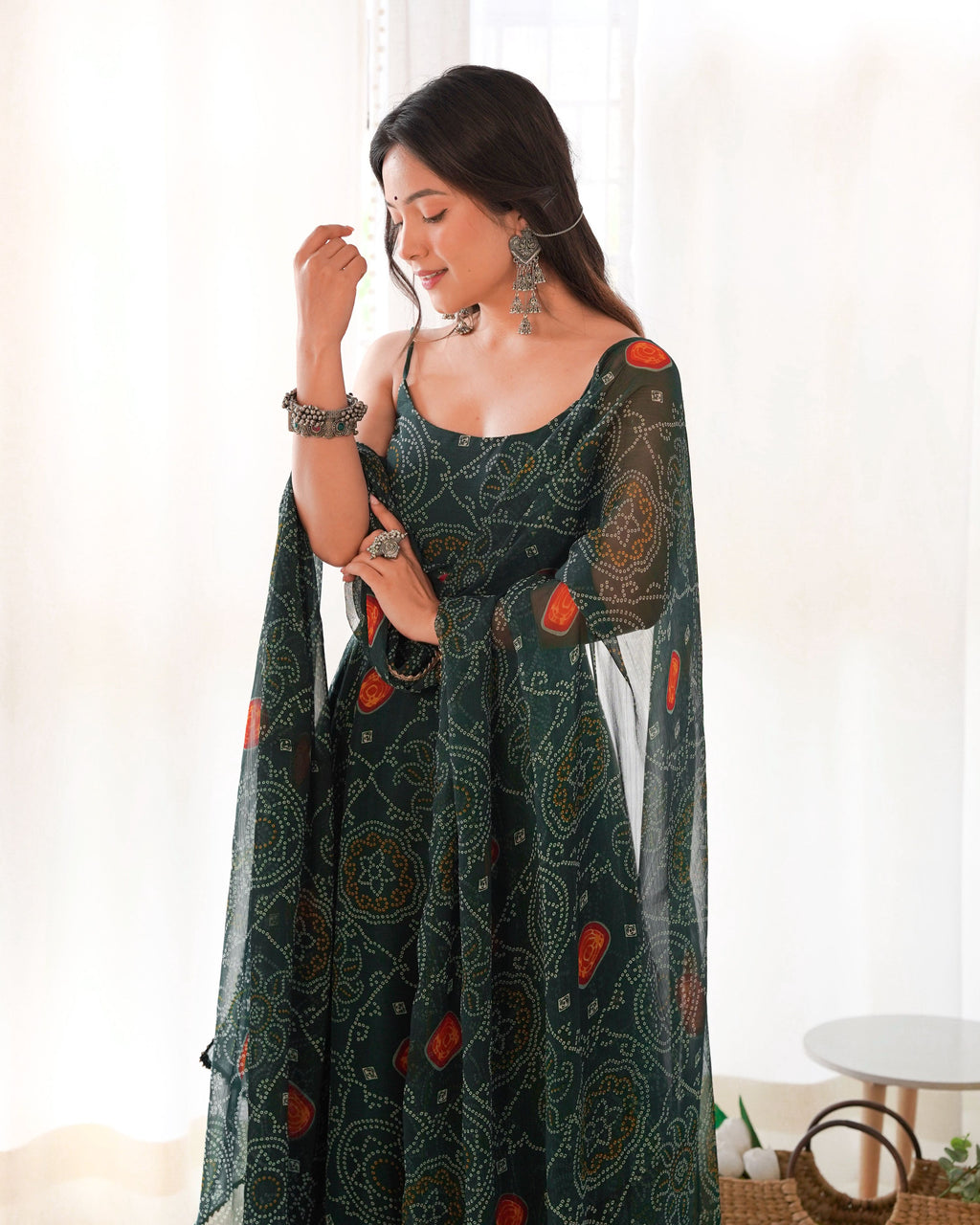 Teeya Creation Green Color Digital Print Soft Chiffon Anarkali With Dupatta | Grocsy