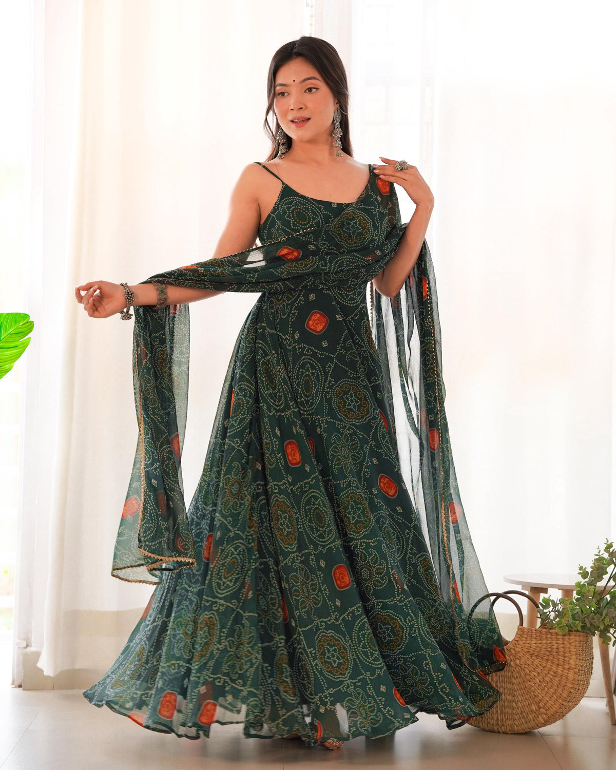 Teeya Creation Green Color Digital Print Soft Chiffon Anarkali With Dupatta | Grocsy