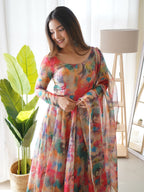 Teeya Creation Multicolor Digital Print Soft organza Anarkali With Pants And Dupatta | Grocsy