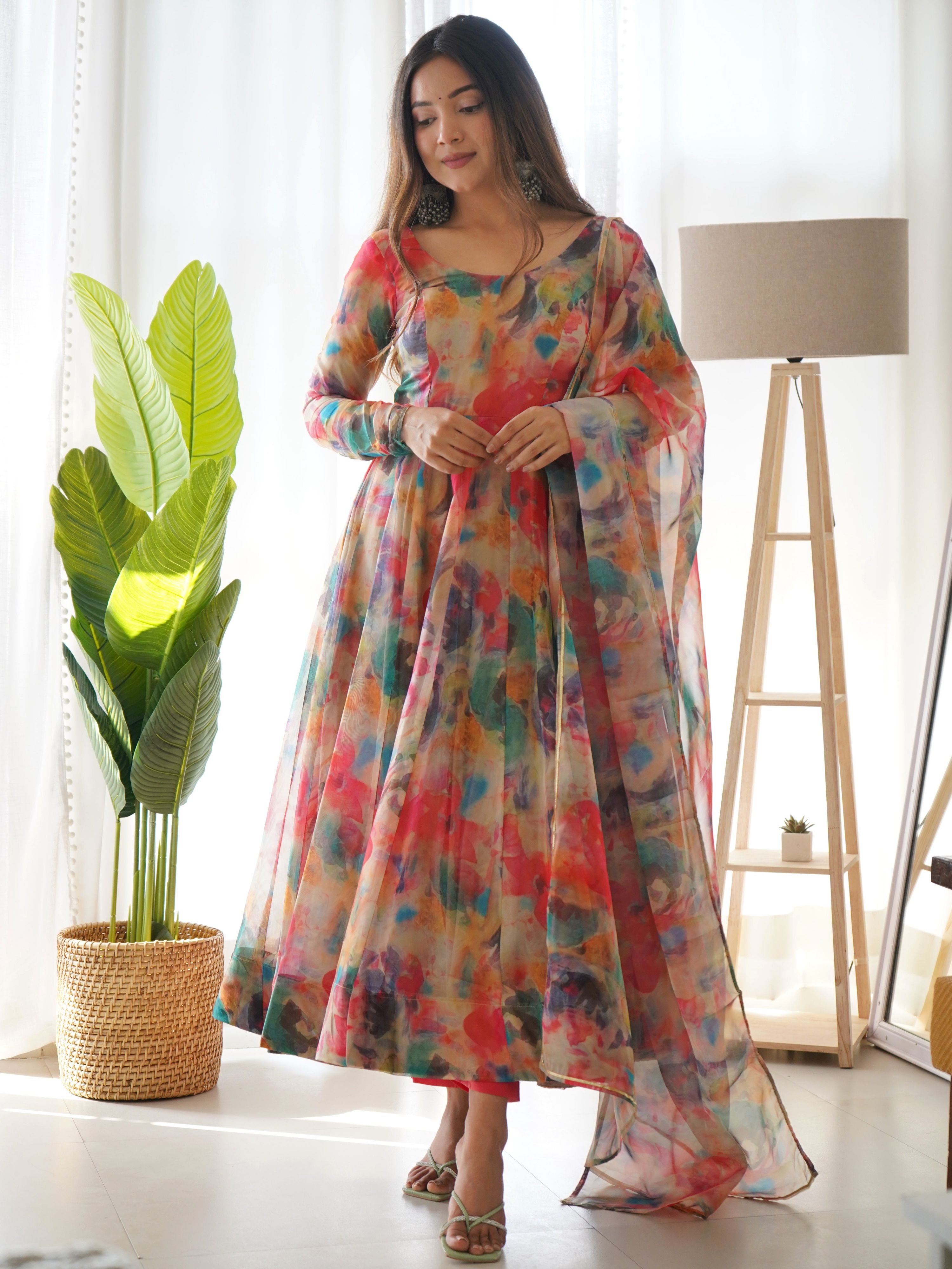 Teeya Creation Multicolor Digital Print Soft organza Anarkali With Pants And Dupatta | Grocsy