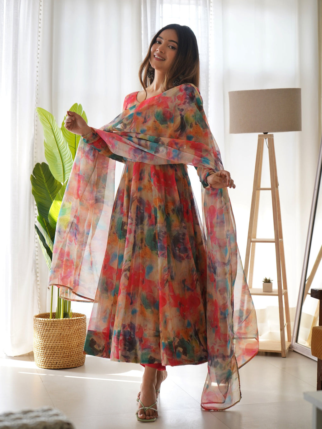Teeya Creation Multicolor Digital Print Soft organza Anarkali With Pants And Dupatta | Grocsy