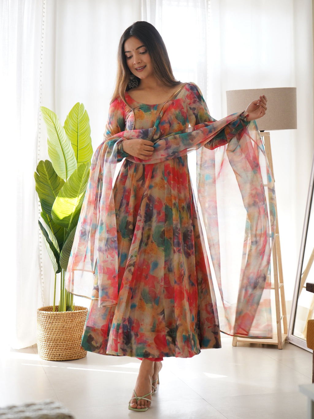 Teeya Creation Multicolor Digital Print Soft organza Anarkali With Pants And Dupatta | Grocsy