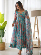 Teeya Creation Multicolor Digital Print Soft organza Anarkali With Pants And Dupatta | Grocsy