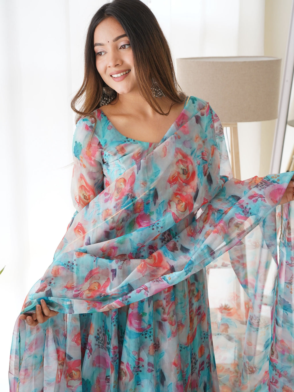 Teeya Creation Multicolor Digital Print Soft organza Anarkali With Pants And Dupatta | Grocsy