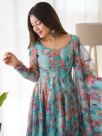 Teeya Creation Multicolor Digital Print Soft organza Anarkali With Pants And Dupatta | Grocsy