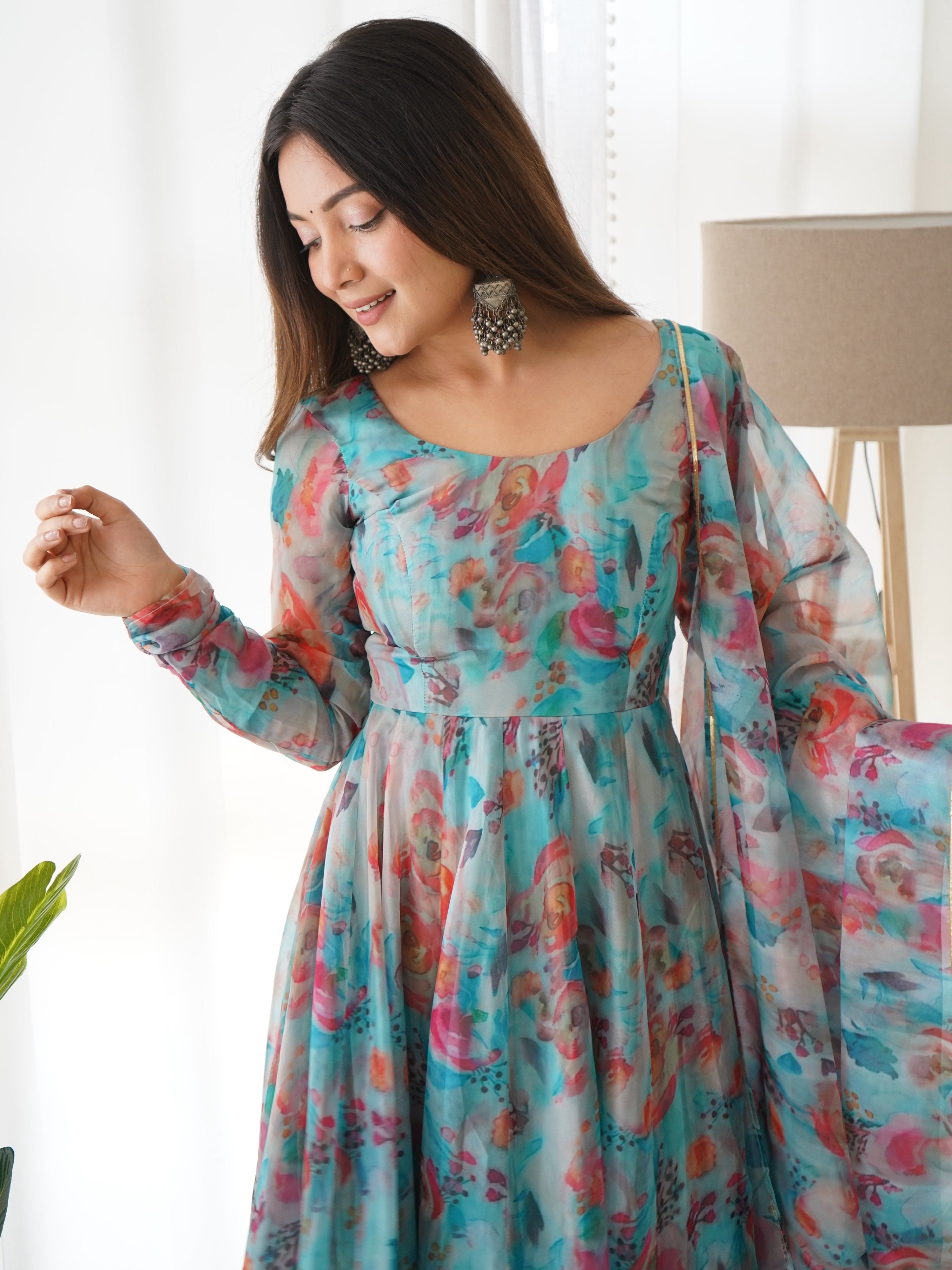 Teeya Creation Multicolor Digital Print Soft organza Anarkali With Pants And Dupatta | Grocsy