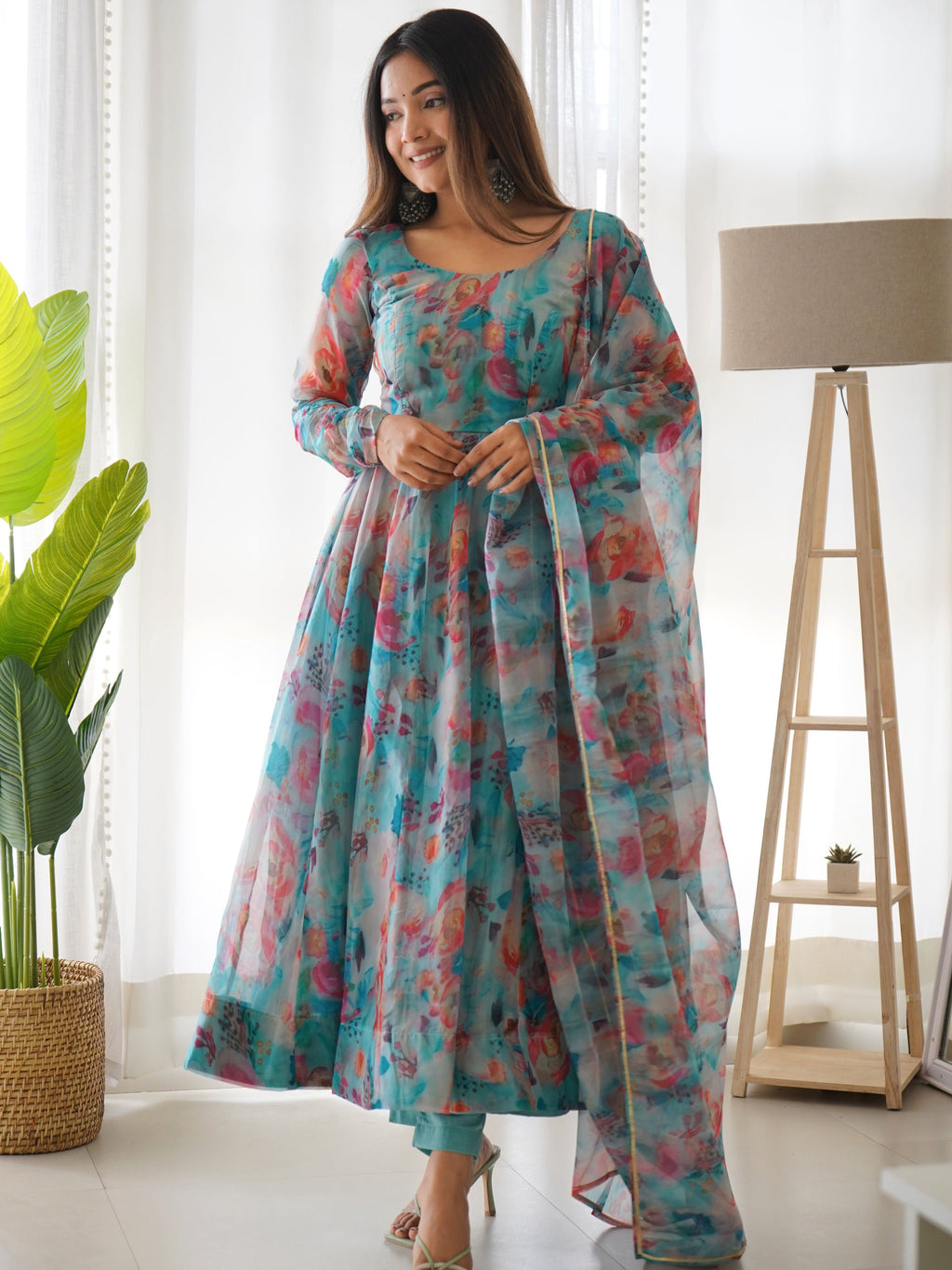 Teeya Creation Multicolor Digital Print Soft organza Anarkali With Pants And Dupatta | Grocsy
