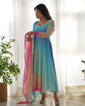Teeya Creation Multicolor Abstract Print Faux Georgette Anarkali Gown With Pants And Dupatta | Grocsy