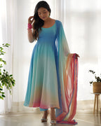 Teeya Creation Multicolor Abstract Print Faux Georgette Anarkali Gown With Pants And Dupatta | Grocsy