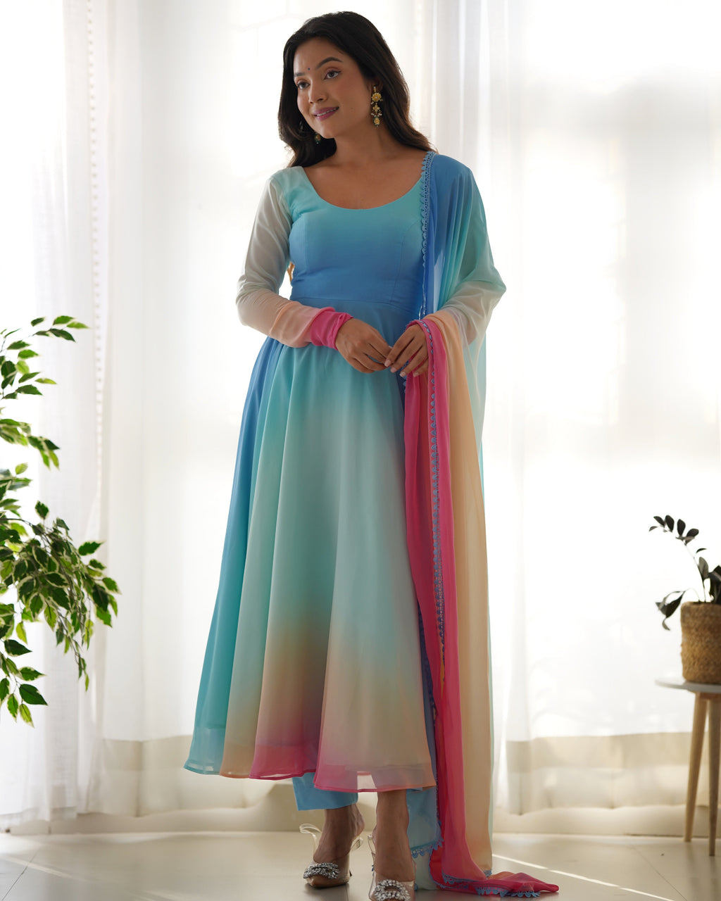 Teeya Creation Multicolor Abstract Print Faux Georgette Anarkali Gown With Pants And Dupatta | Grocsy