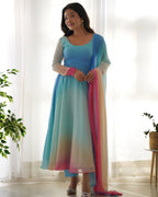 Teeya Creation Multicolor Abstract Print Faux Georgette Anarkali Gown With Pants And Dupatta | Grocsy