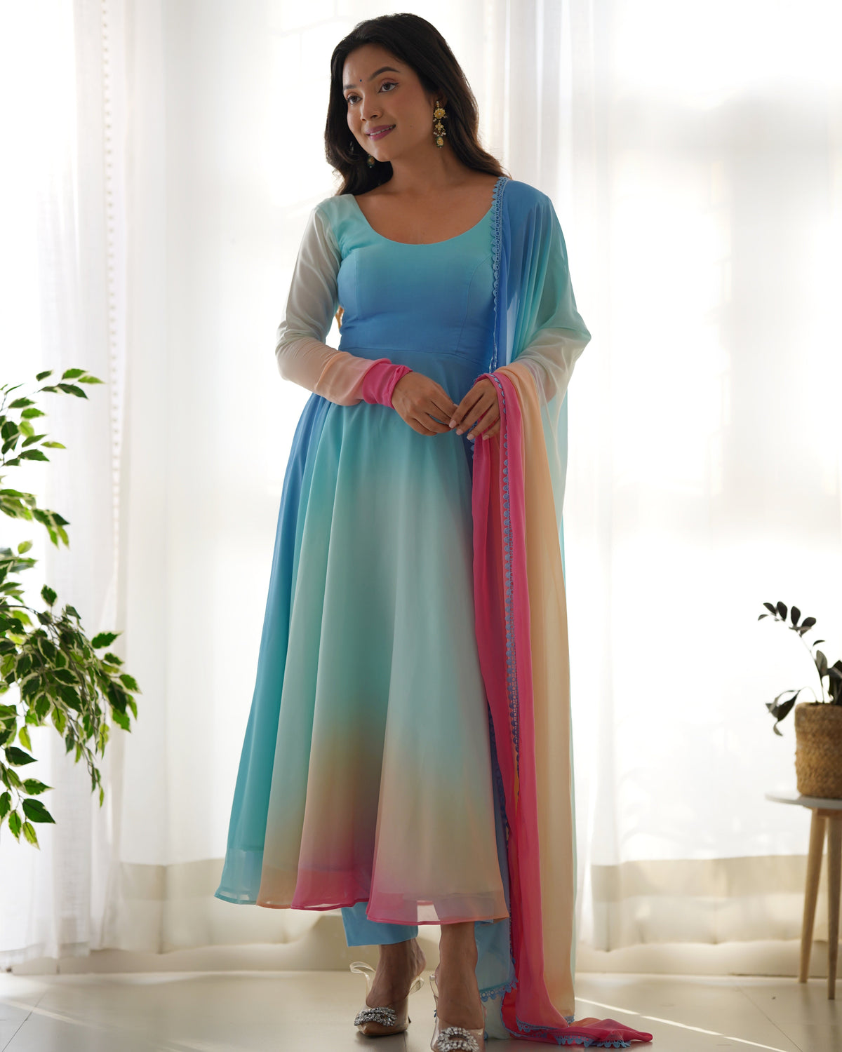 Teeya Creation Multicolor Abstract Print Faux Georgette Anarkali Gown With Pants And Dupatta | Grocsy
