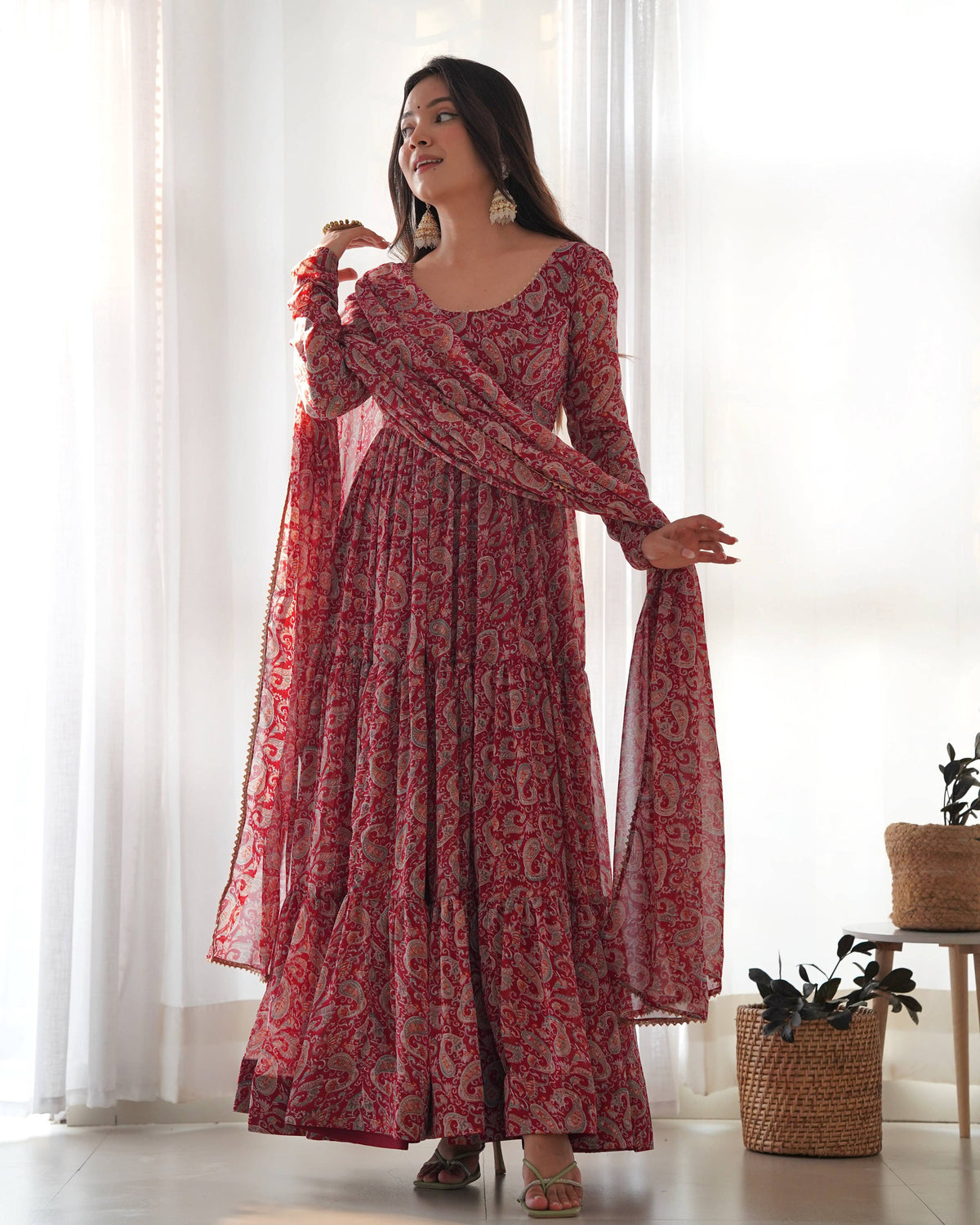 Teeya Creation Multicolor Abstract Print Faux Georgette Anarkali Gown With Pants And Dupatta | Grocsy