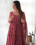 Teeya Creation Multicolor Abstract Print Faux Georgette Anarkali Gown With Pants And Dupatta | Grocsy
