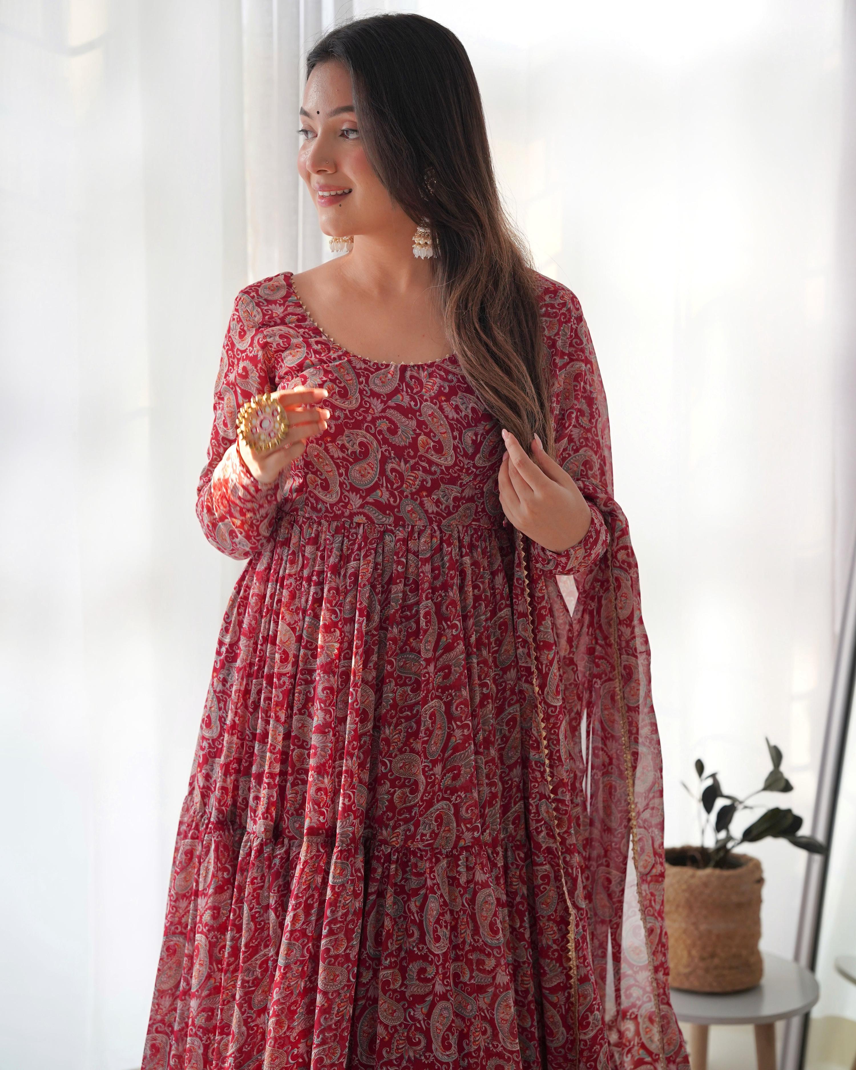 Teeya Creation Multicolor Abstract Print Faux Georgette Anarkali Gown With Pants And Dupatta | Grocsy