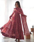 Teeya Creation Multicolor Abstract Print Faux Georgette Anarkali Gown With Pants And Dupatta | Grocsy
