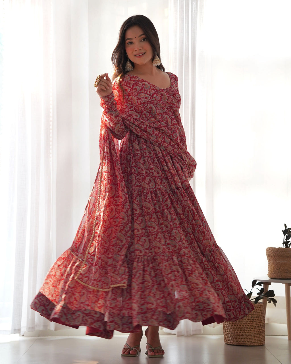 Teeya Creation Multicolor Abstract Print Faux Georgette Anarkali Gown With Pants And Dupatta | Grocsy