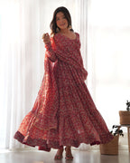 Teeya Creation Multicolor Abstract Print Faux Georgette Anarkali Gown With Pants And Dupatta | Grocsy