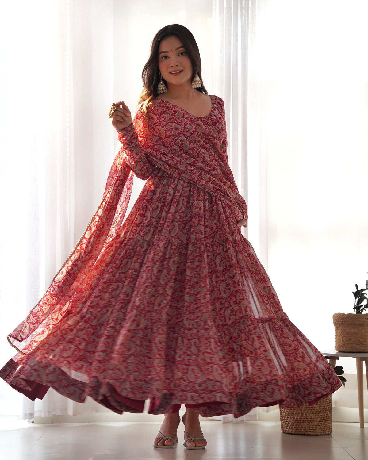 Teeya Creation Multicolor Abstract Print Faux Georgette Anarkali Gown With Pants And Dupatta | Grocsy