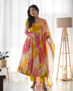 Teeya Creation Multicolor Digital Print Soft organza Anarkali With Pants And Dupatta | Grocsy