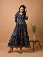 Kaajh Women's Blue Gold Print Anarkali kurta | Grocsy