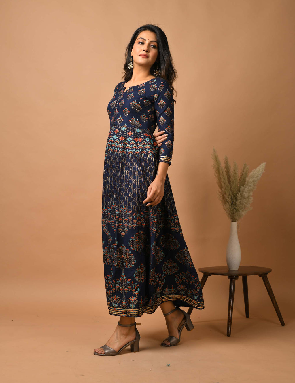 Kaajh Women's Blue Gold Print Anarkali kurta | Grocsy