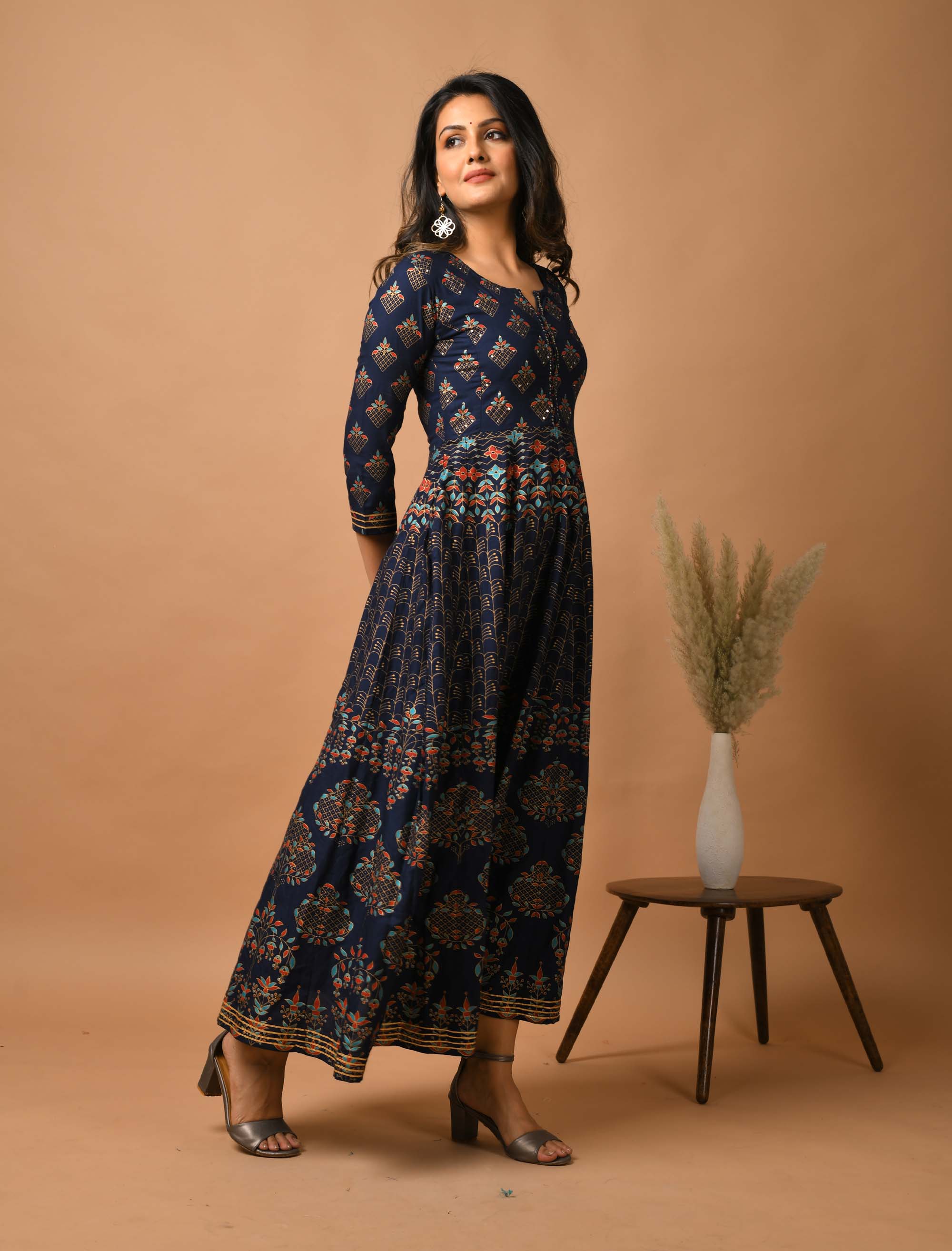 Kaajh Women's Blue Gold Print Anarkali kurta | Grocsy