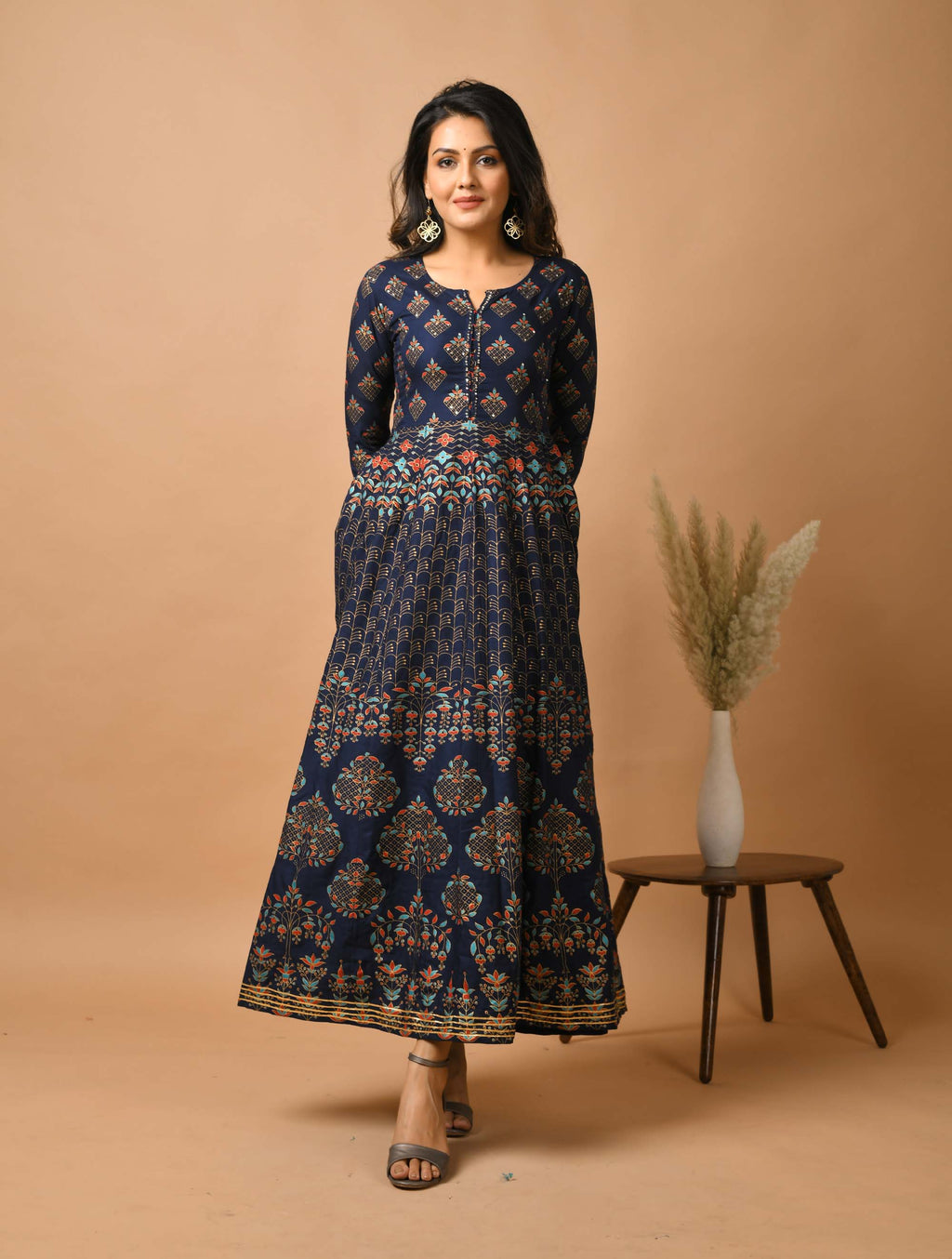 Kaajh Women's Blue Gold Print Anarkali kurta | Grocsy