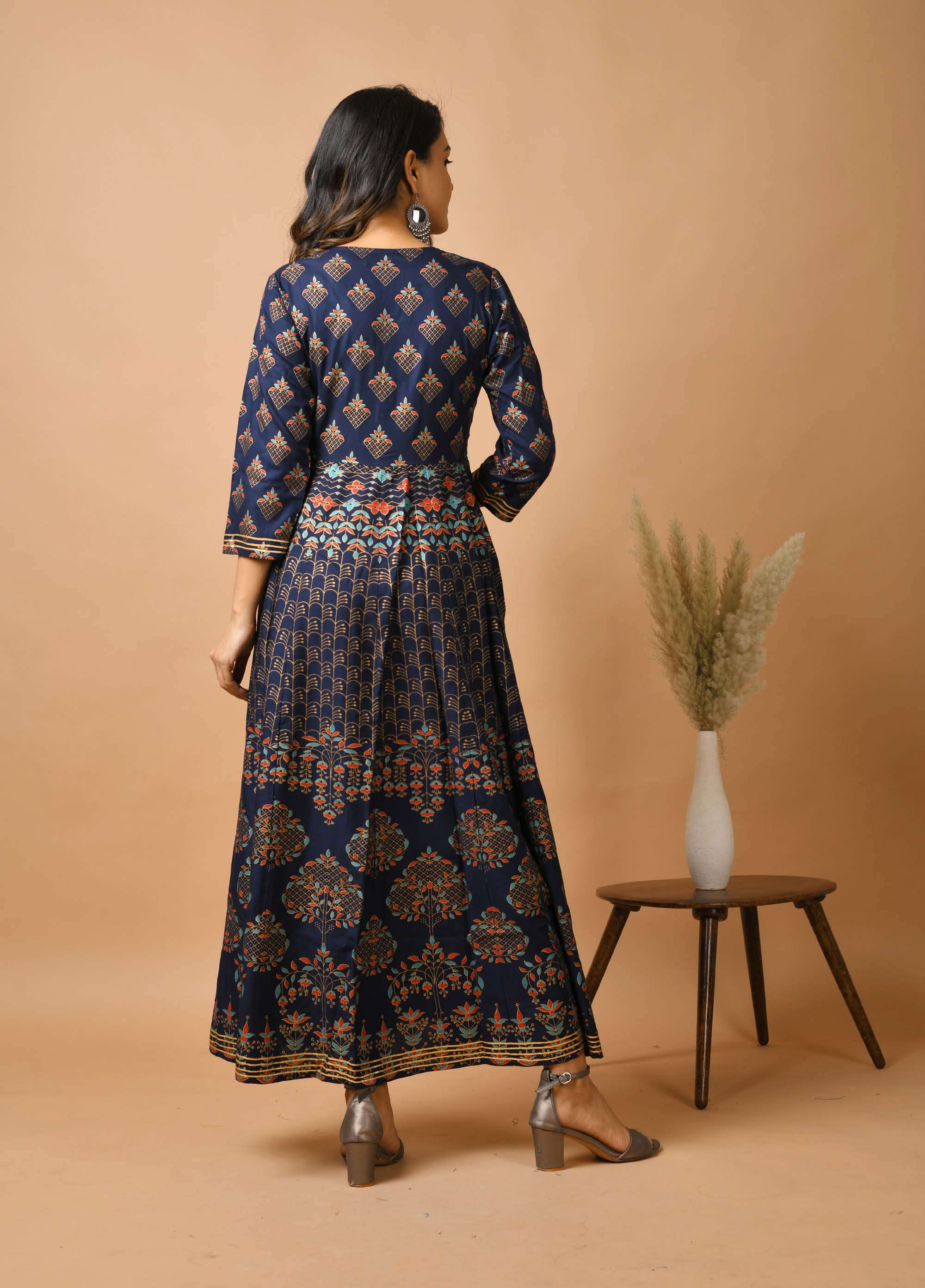 Kaajh Women's Blue Gold Print Anarkali kurta | Grocsy
