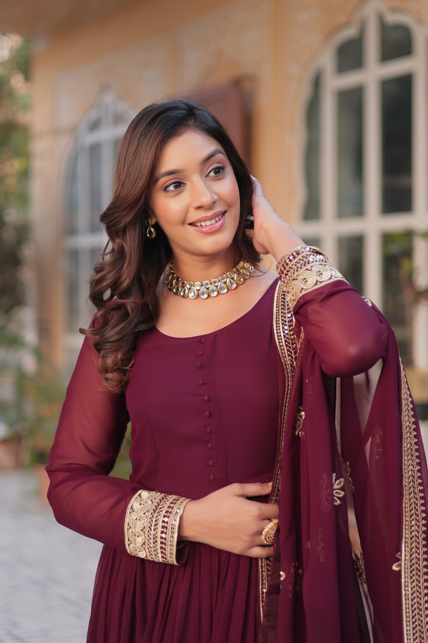 Teeya Creation Maroon Color Faux Georgette Heavy Embroidery Work Fully Stitched Gown | Grocsy