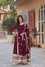 Teeya Creation Maroon Color Faux Georgette Heavy Embroidery Work Fully Stitched Gown | Grocsy