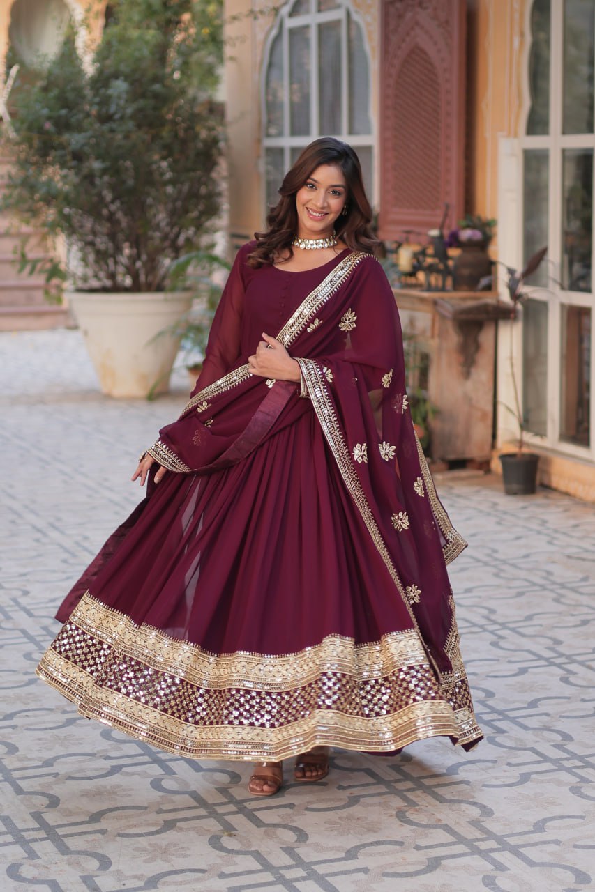 Teeya Creation Maroon Color Faux Georgette Heavy Embroidery Work Fully Stitched Gown | Grocsy