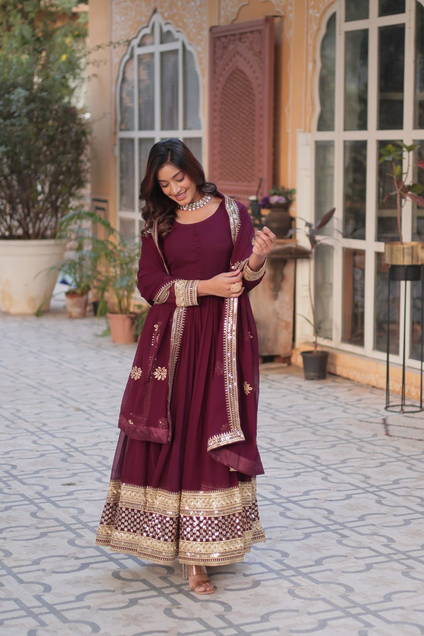 Teeya Creation Maroon Color Faux Georgette Heavy Embroidery Work Fully Stitched Gown | Grocsy