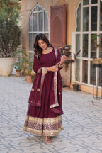 Teeya Creation Maroon Color Faux Georgette Heavy Embroidery Work Fully Stitched Gown | Grocsy